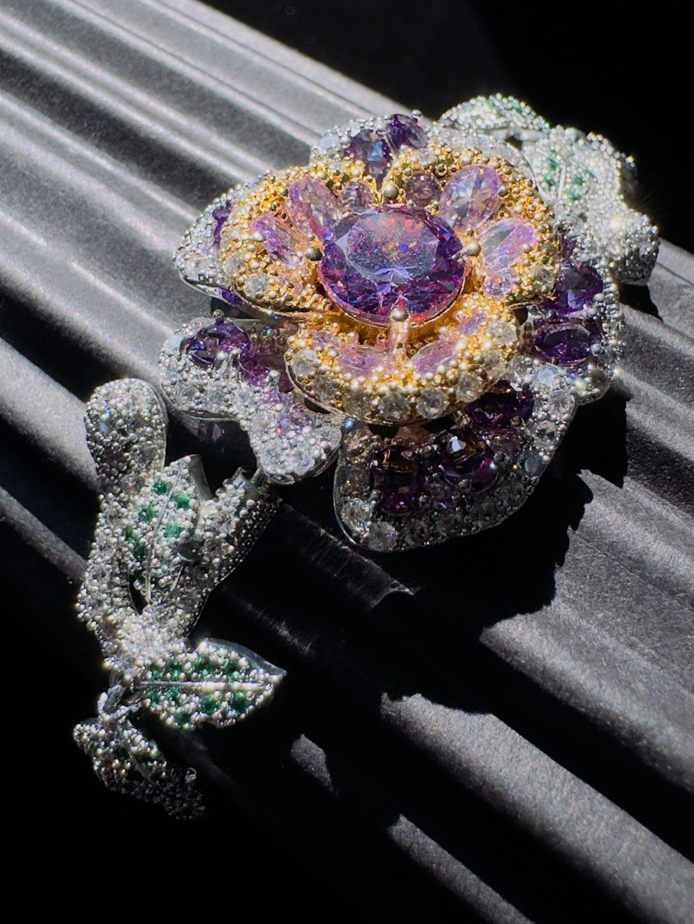 Silver Floral Leaf Bracelet with Purple Crystal Accents